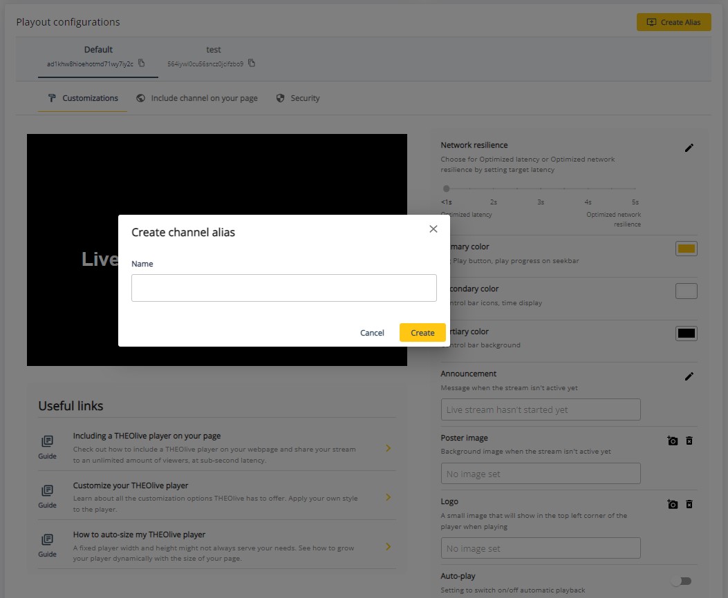 Create a new channel alias under the "Playout configurations" tab