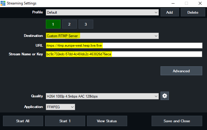 vMix streaming settings