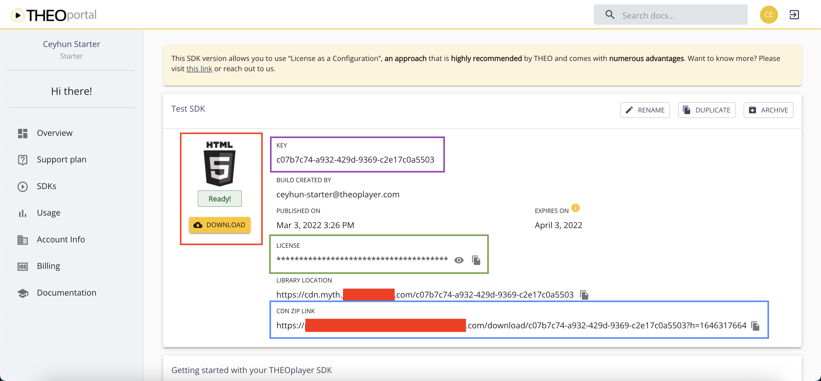 screenshot from the THEO portal SDK build page, highlighting various elements