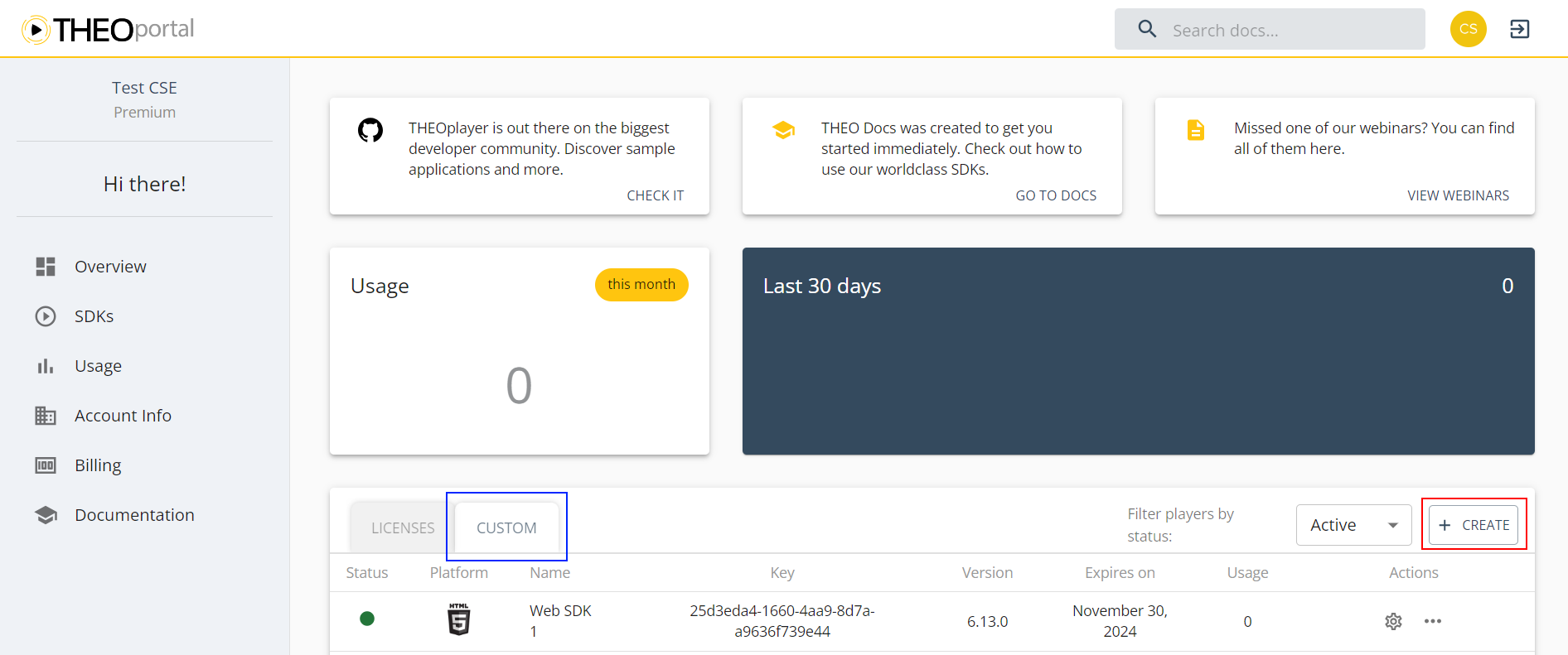THEOplayer Developer Portal's dashboard custom