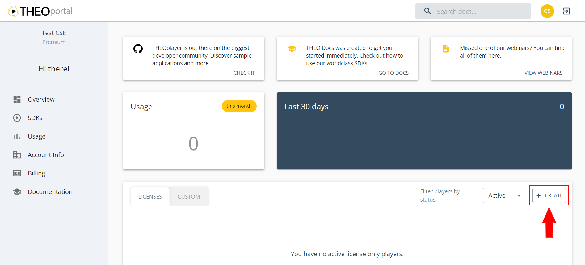 THEOplayer Developer Portal's dashboard