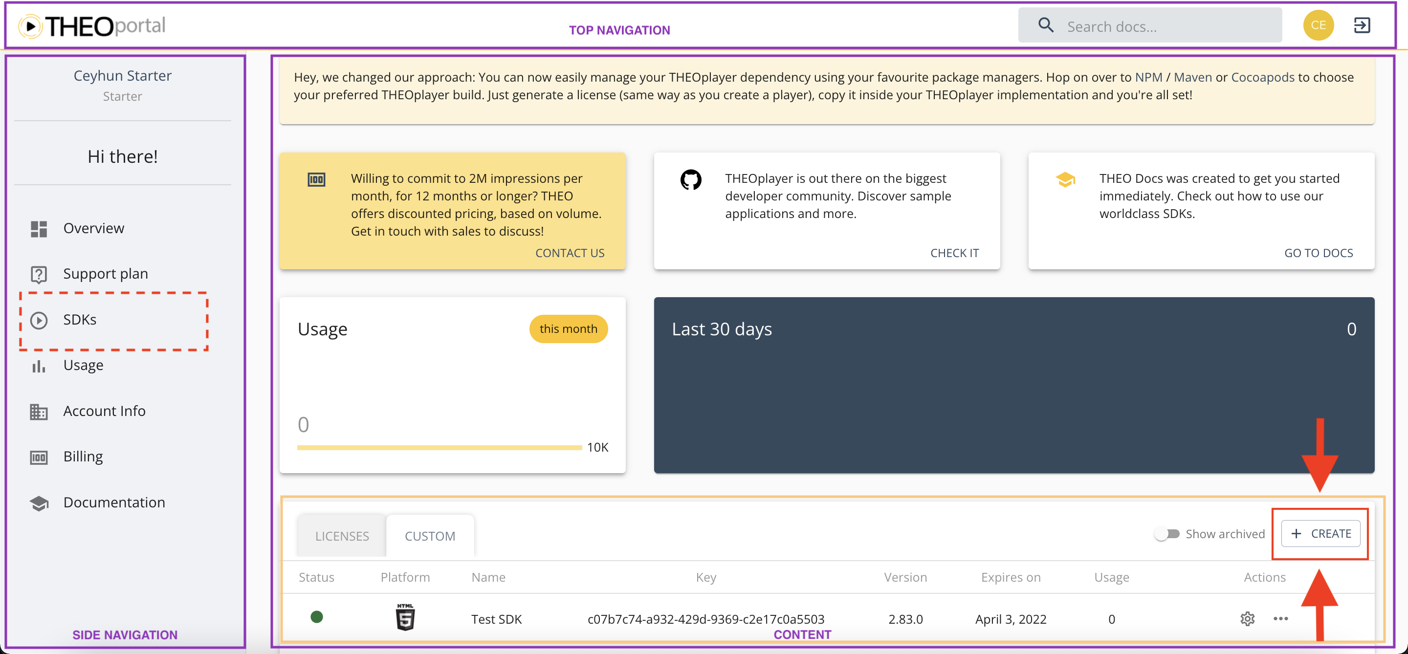 THEOplayer Developer Portal's dashboard